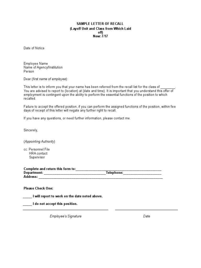 Employee Recall Notice Template | PDF