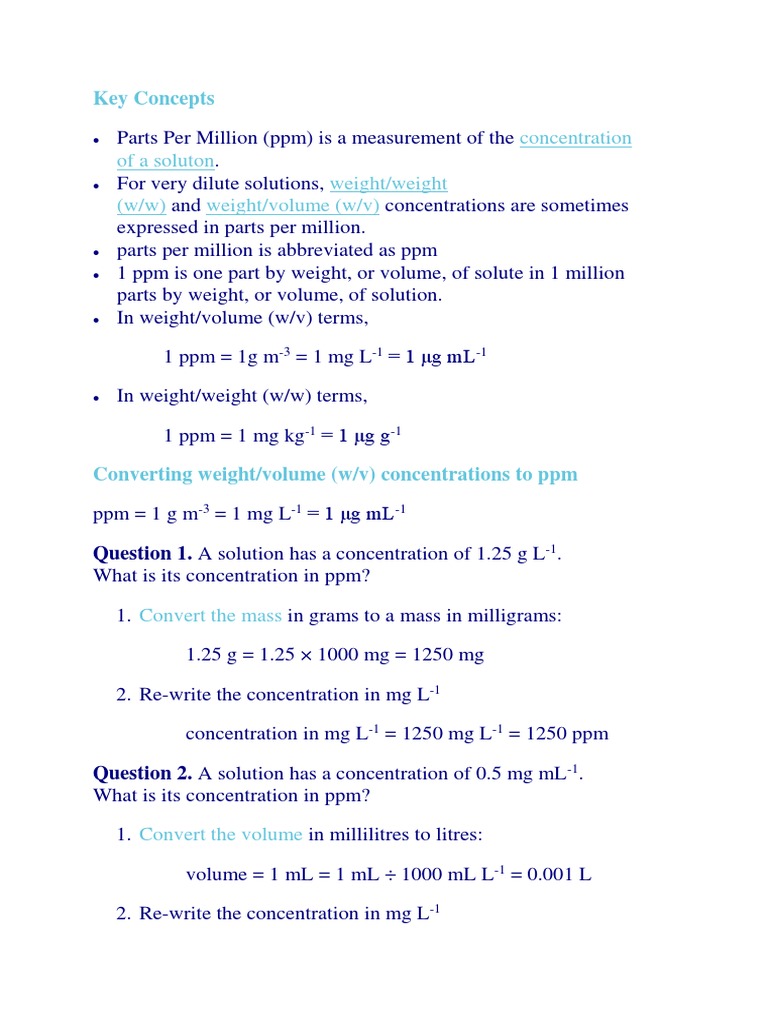 Ppm Calculation Molar Concentration Parts Per Notation