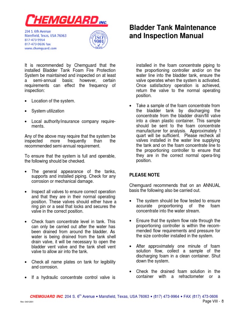 Chemguard Bladder Tank Maintenance and Inspection Manual PDF Foam