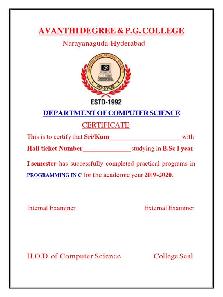 B.Sc I Year C Programming Certificate | PDF