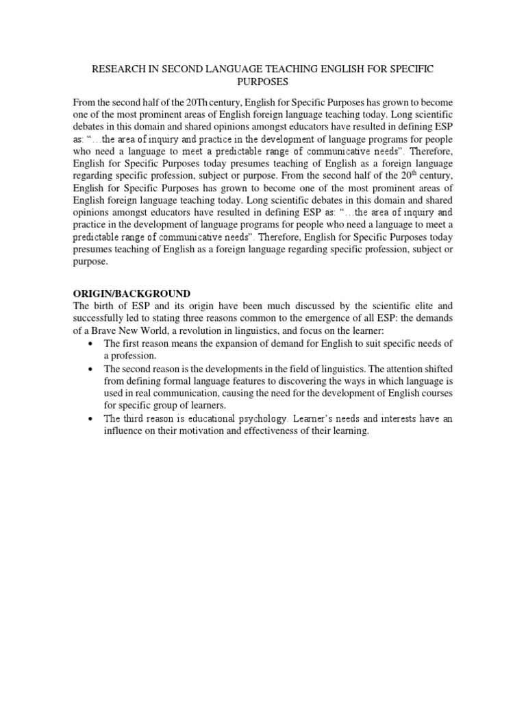 Research in Second Language Teaching English For Specific Purposes | PDF