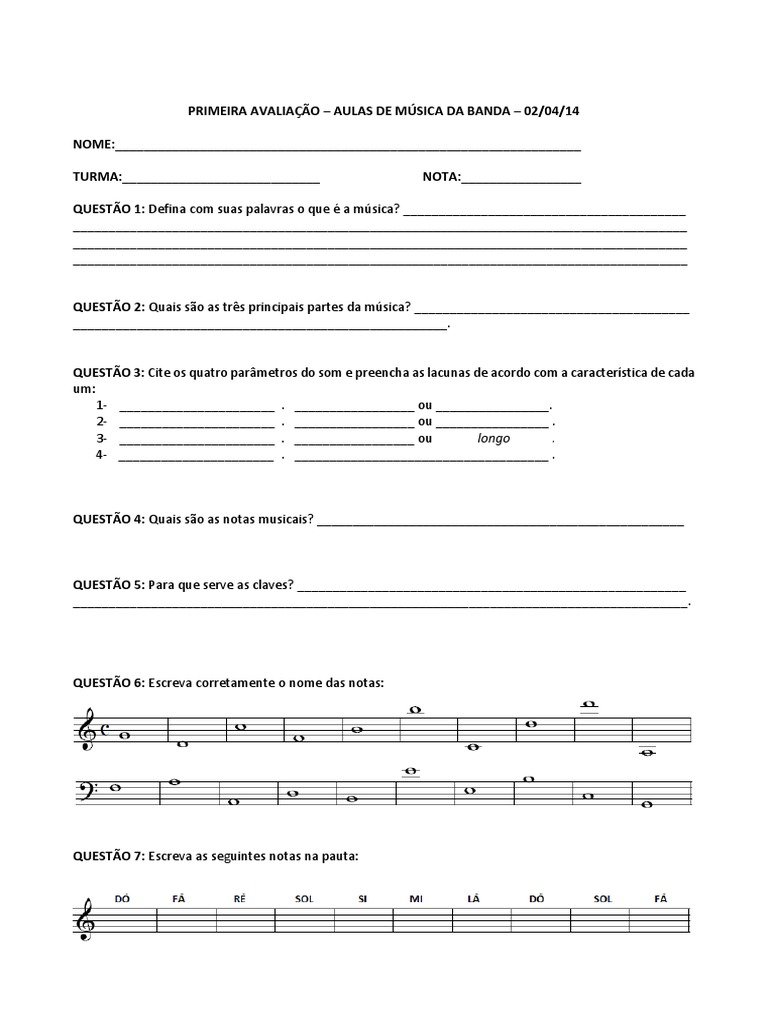 Avaliação de Música: Semitom Cromático | PDF | Artes Linguísticas e ...