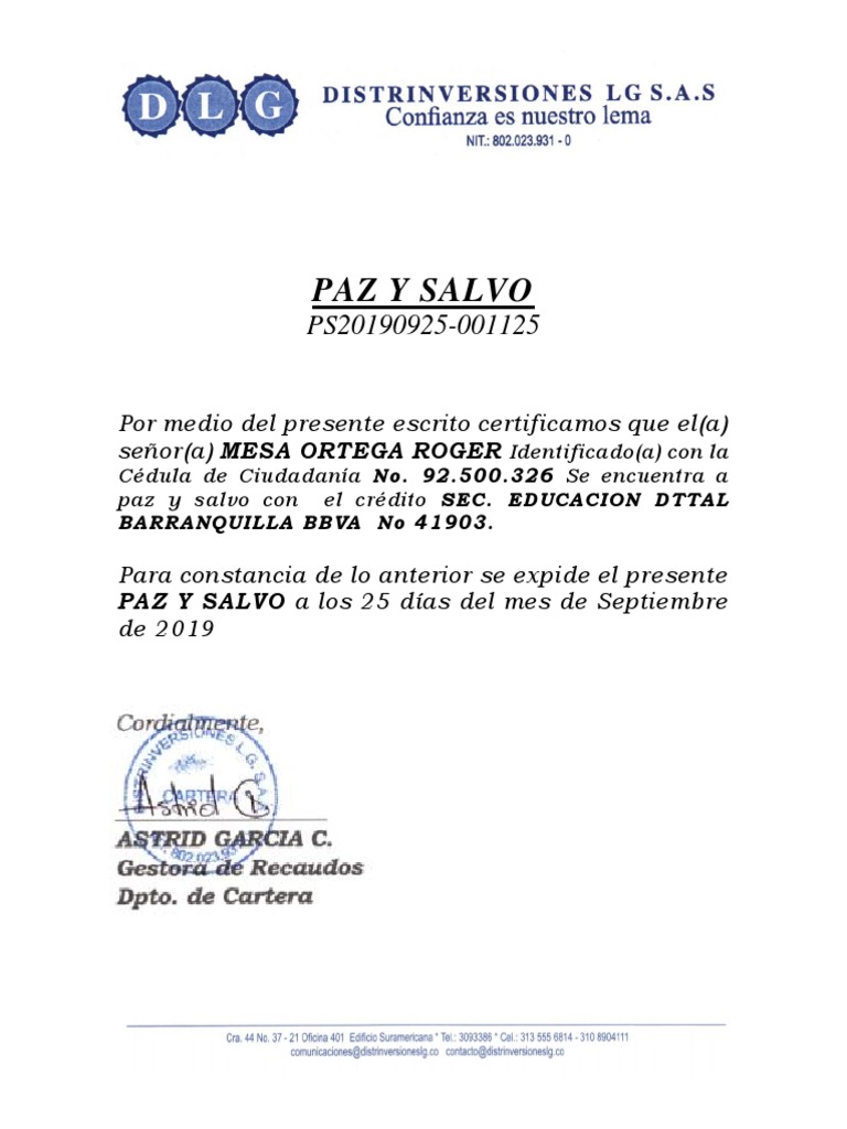 Certificado de Paz y Salvo BBVA | PDF