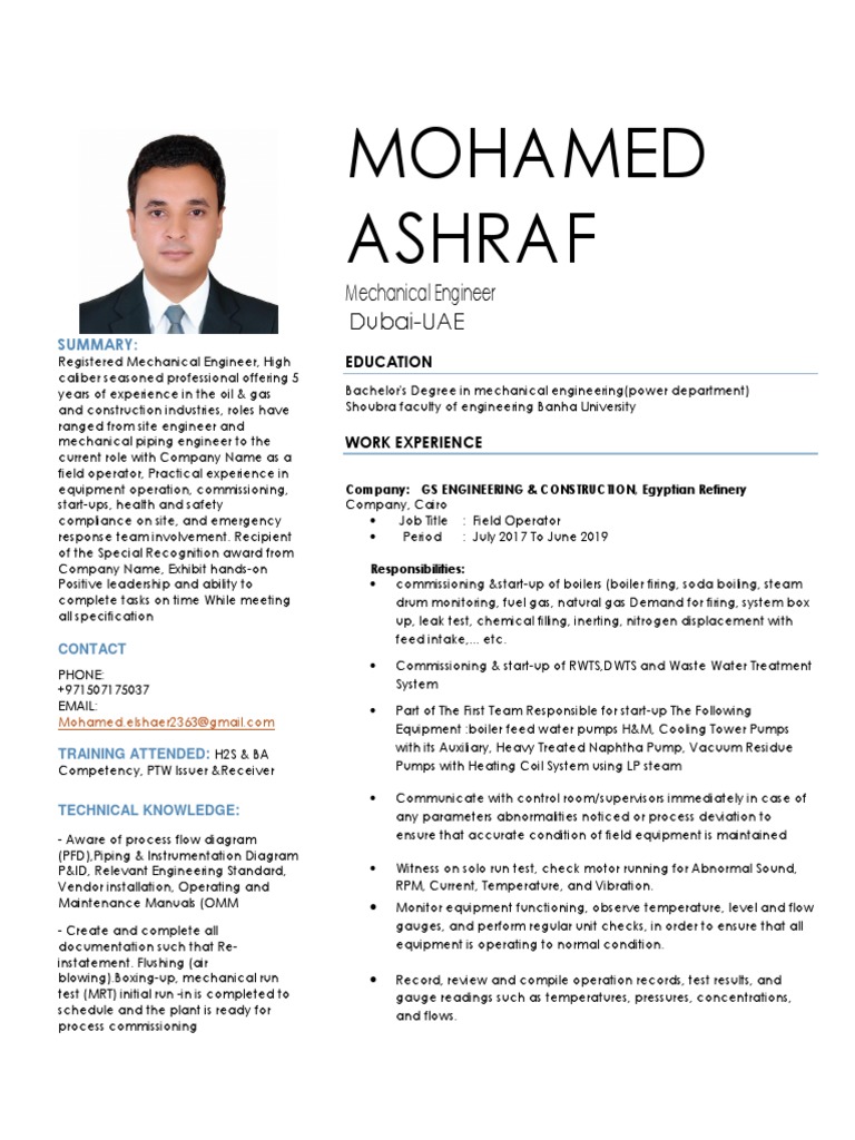 Mohamed Ashraf: Mechanical Engineer Dubai-UAE | PDF | Boiler | Steam