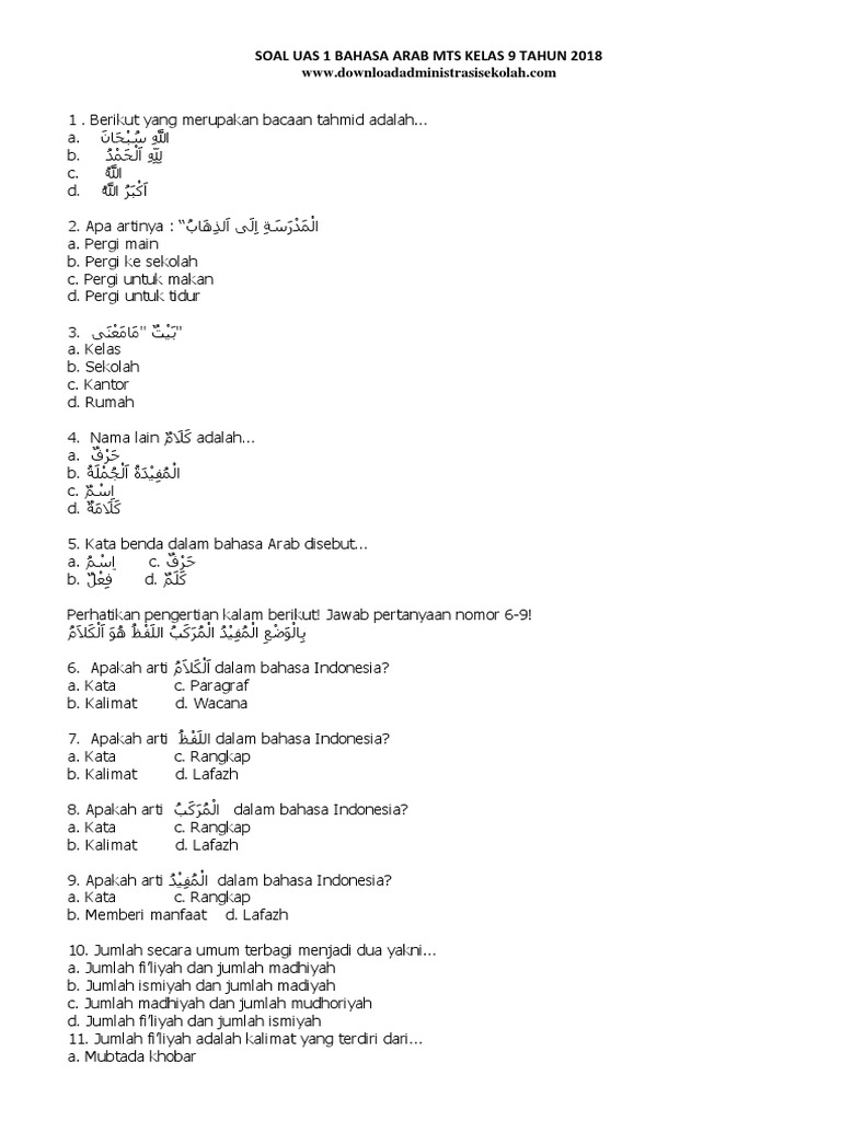 Soal UAS Bahasa Arab Kelas 9 2018 | PDF | Seni & Disiplin Bahasa