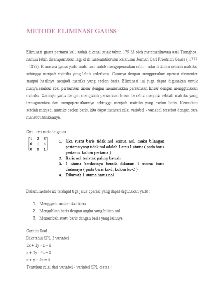 Metode Eliminasi Gauss dan Gauss-Jordan | PDF | Metode & Bahan Ajar
