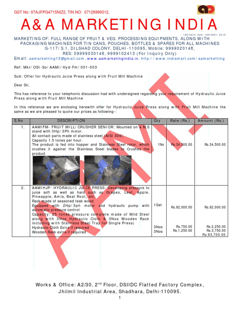 A&A Marketing India GST No 07AJFPG4715NIZ2, TIN NO 07126999312 PDF