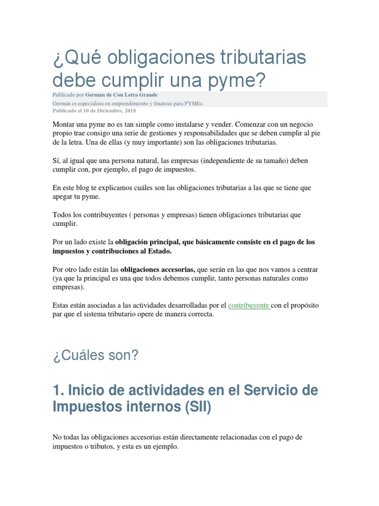 Obligaciones tributarias para PYMEs | PDF | Pequeñas y medianas ...