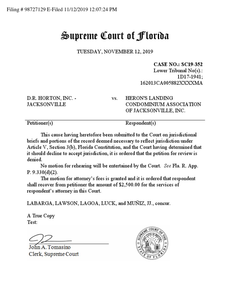 Supreme Court Order in Heron's Landing Lawsuit PDF