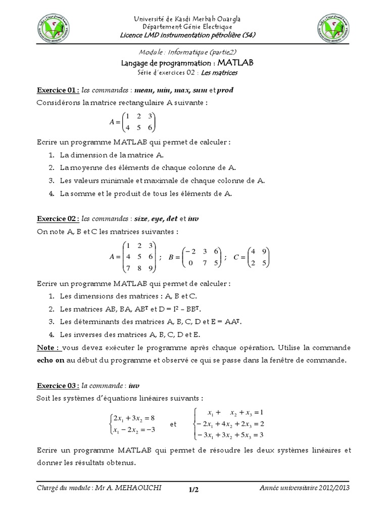 Exercices MATLAB sur les matrices | PDF | MATLAB | Matrice (Mathématiques)