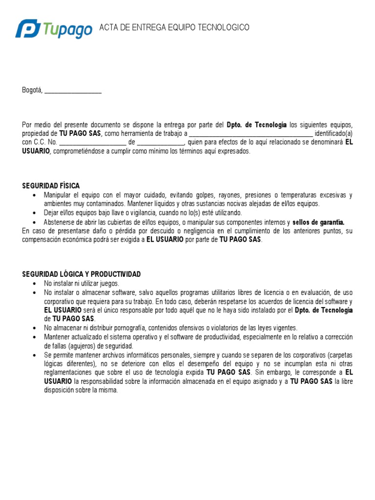 Acta de Entrega de Equipos Tecnológicos | PDF | Usuario (informática ...