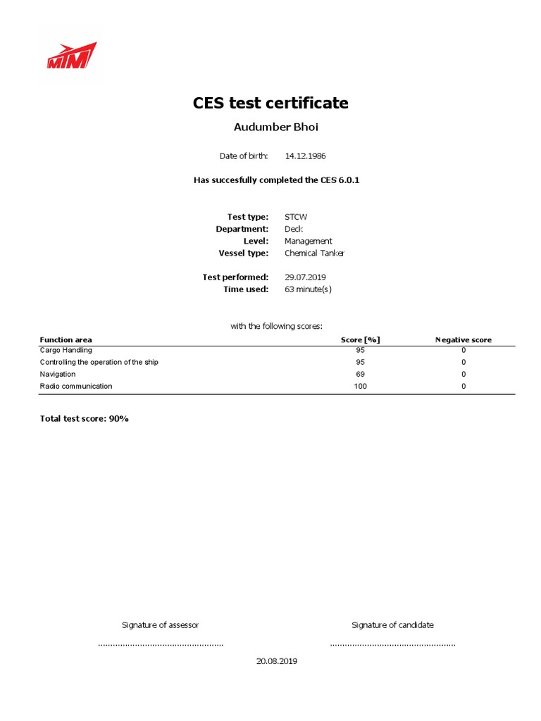 CES Test Certificate | PDF