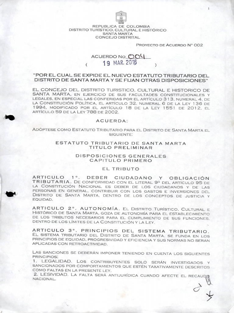 Acuerdo No. 004 de 2016 Estatuto Tributario Santa Marta PDF