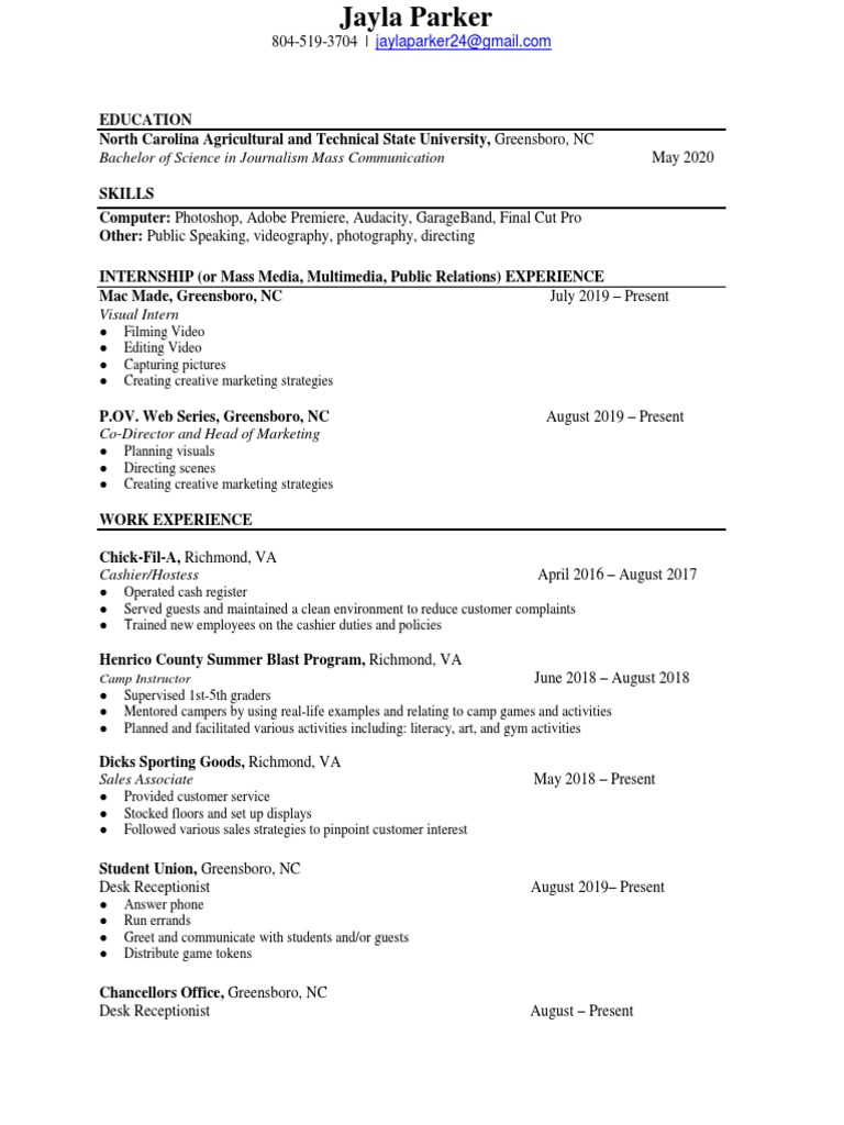Jayla #39 s NCAT Resume PDF Communication Mass Media