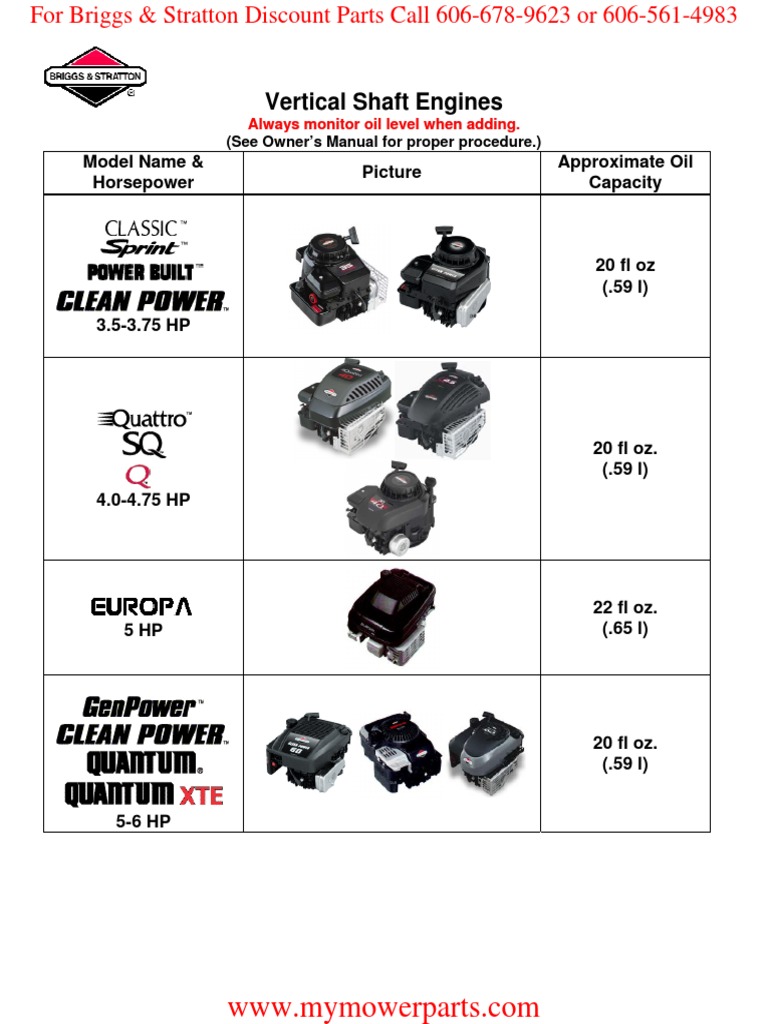Oil Capacity Chart BRIGGS & STRATTON PDF PDF Horsepower