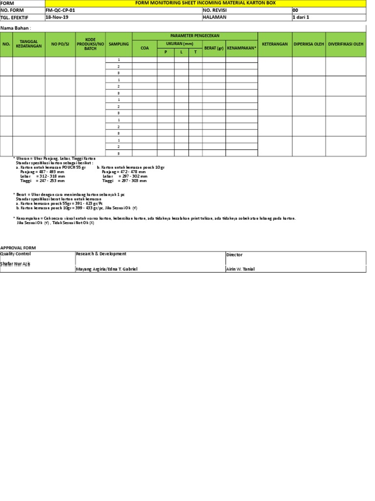 Formulir QC Material Karton Box | PDF