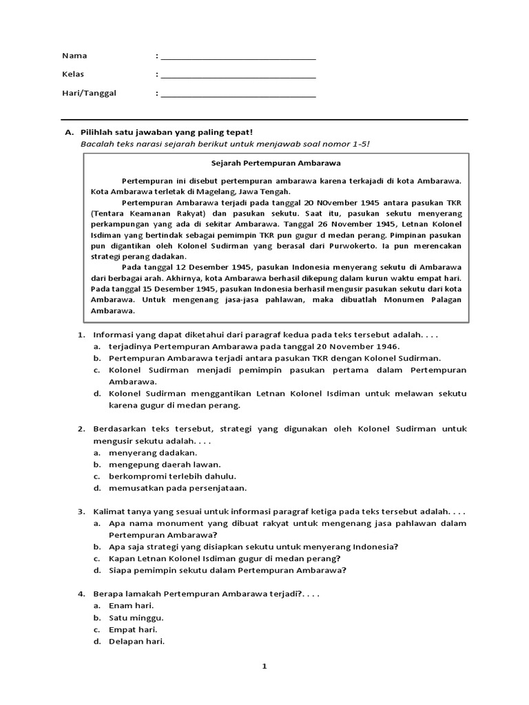 Contoh Soal Bahasa Indonesia Kelas V Sd Materi Teks Narasi