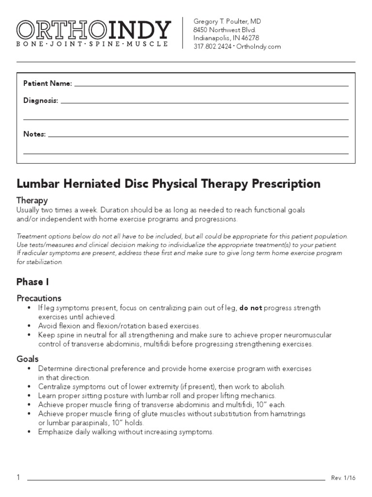 Lumbar Herniated Disc Physical Therapy Prescription PDF | PDF | Human ...