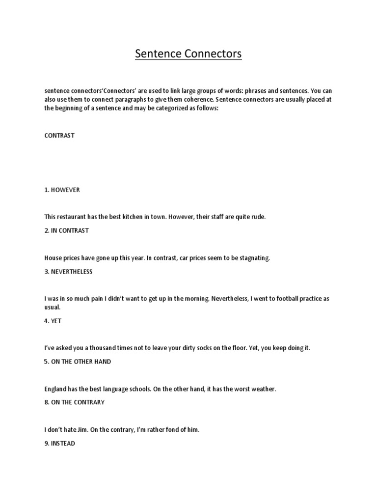 Sentence Connectors A Guide to Linking Phrases, Sentences, and