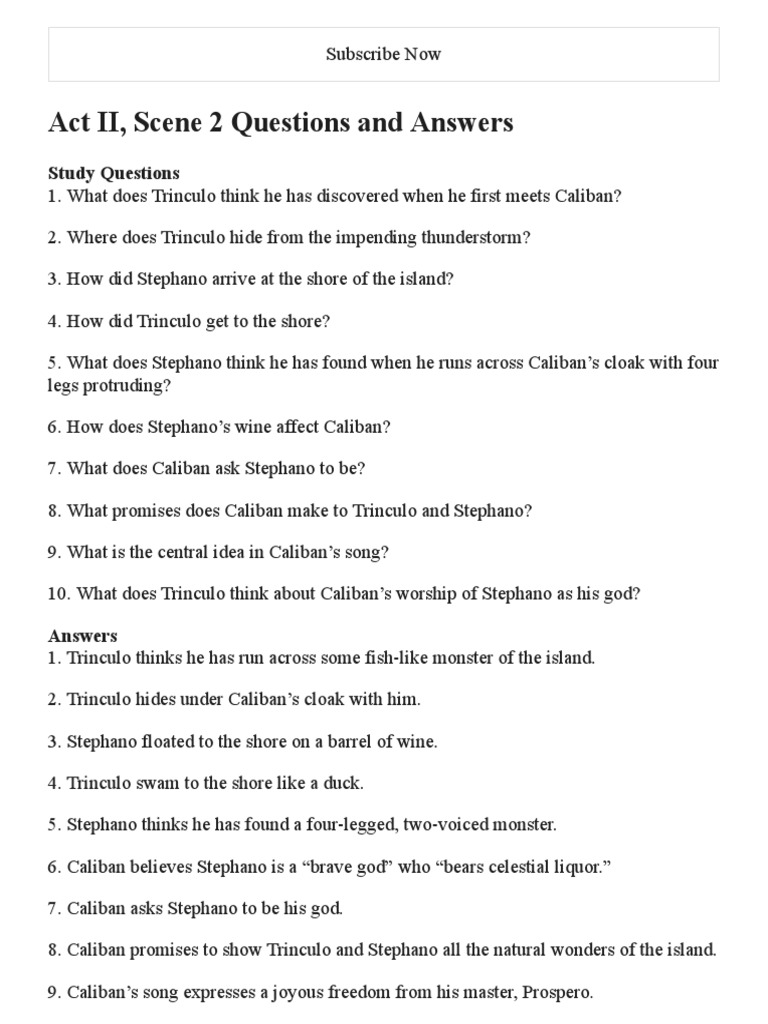 The Tempest Act II, Scene 2 Questions and Answers | PDF
