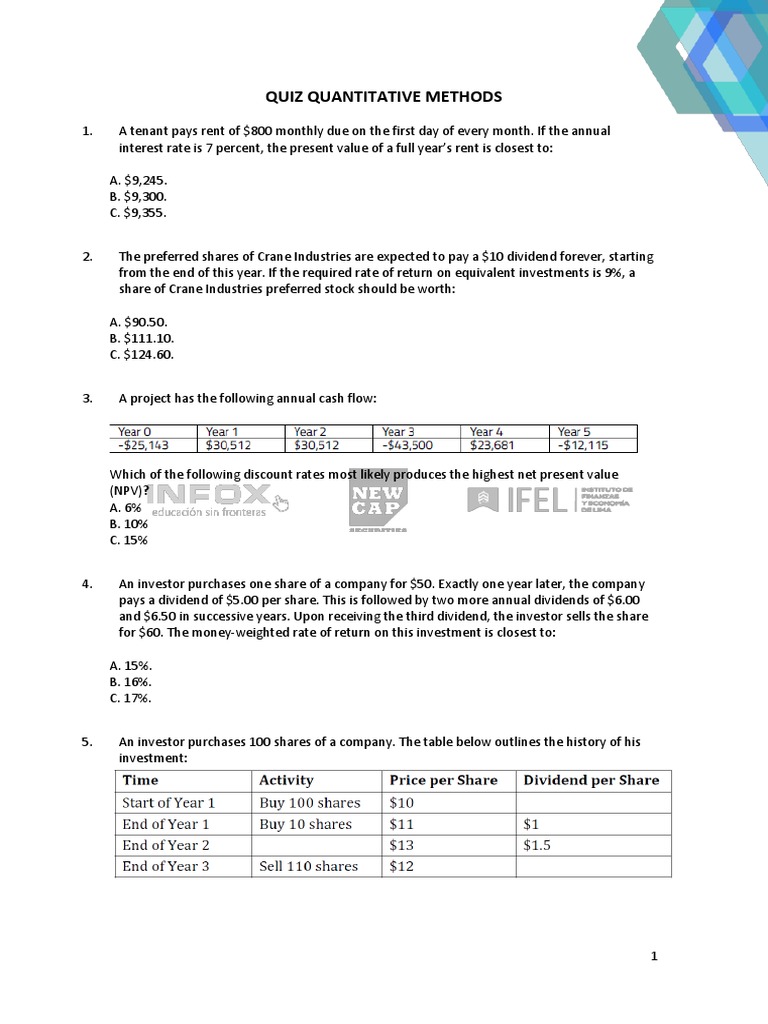 Quiz on Quantitative Methods and Finance | PDF | Statistical Hypothesis ...