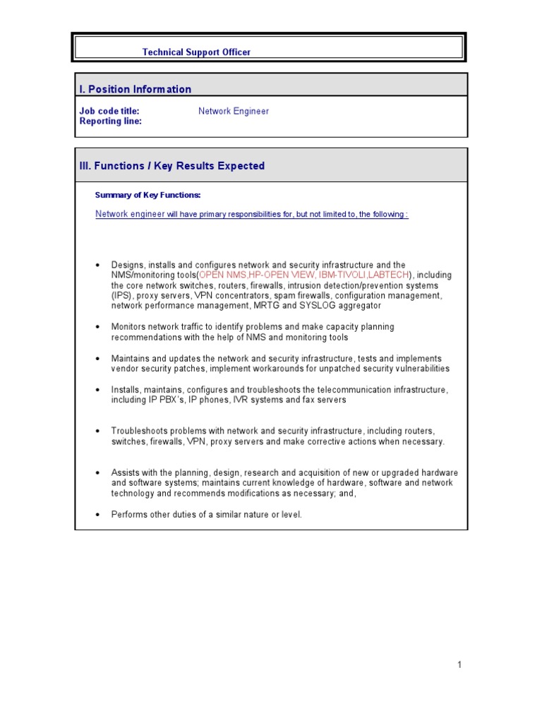 Network Engineer Job Description | PDF | Technical Support | Computer ...