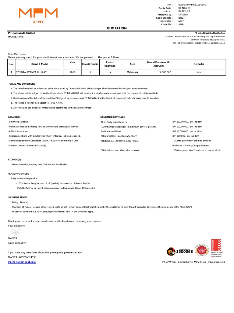 Car Rental Quotation for PT MPM Rent | PDF | Fee | Renting