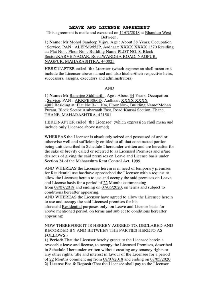 Leave and License Agreement 1) Period That The Licensor Hereby Grants