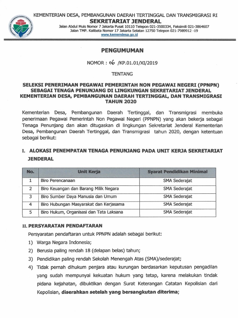 Seleksi Penerimaan Ppnpn Sbg Tenaga Penunjang Di Lingkungan Sekretariat Jenderal Kemendesa Pdtt