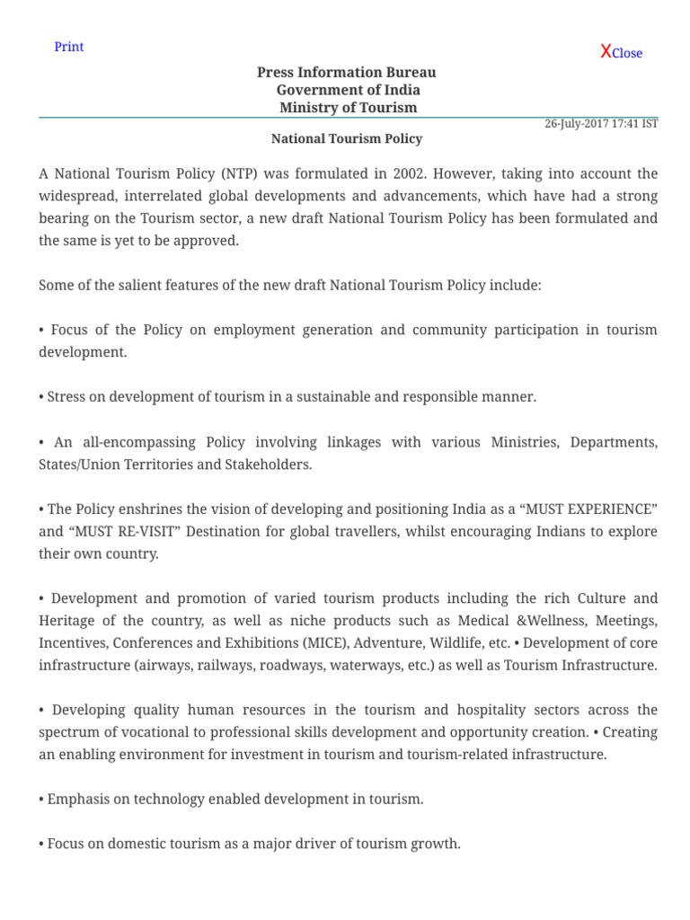 what is national tourism policy 2002