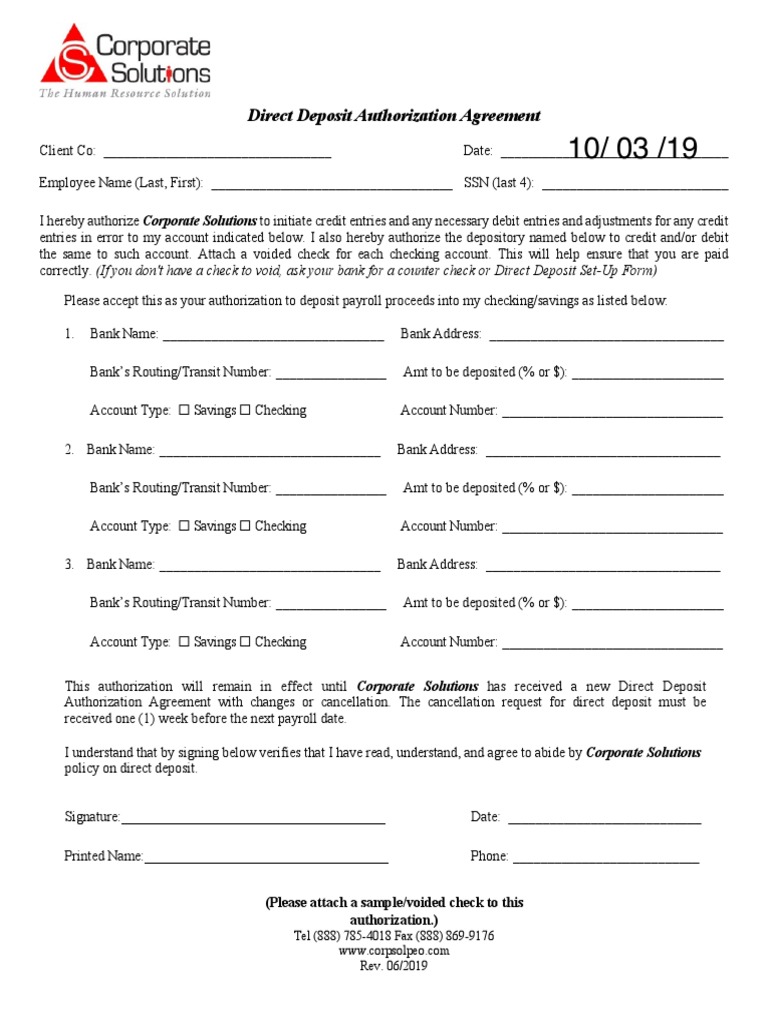 Direct Deposit Authorization Form | PDF | Cheque | Services (Economics)