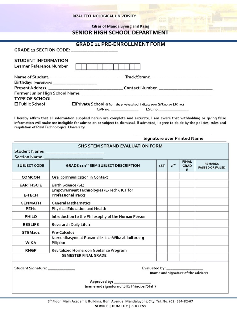 Senior High School Department: Grade 11 Pre-Enrollment Form | PDF ...