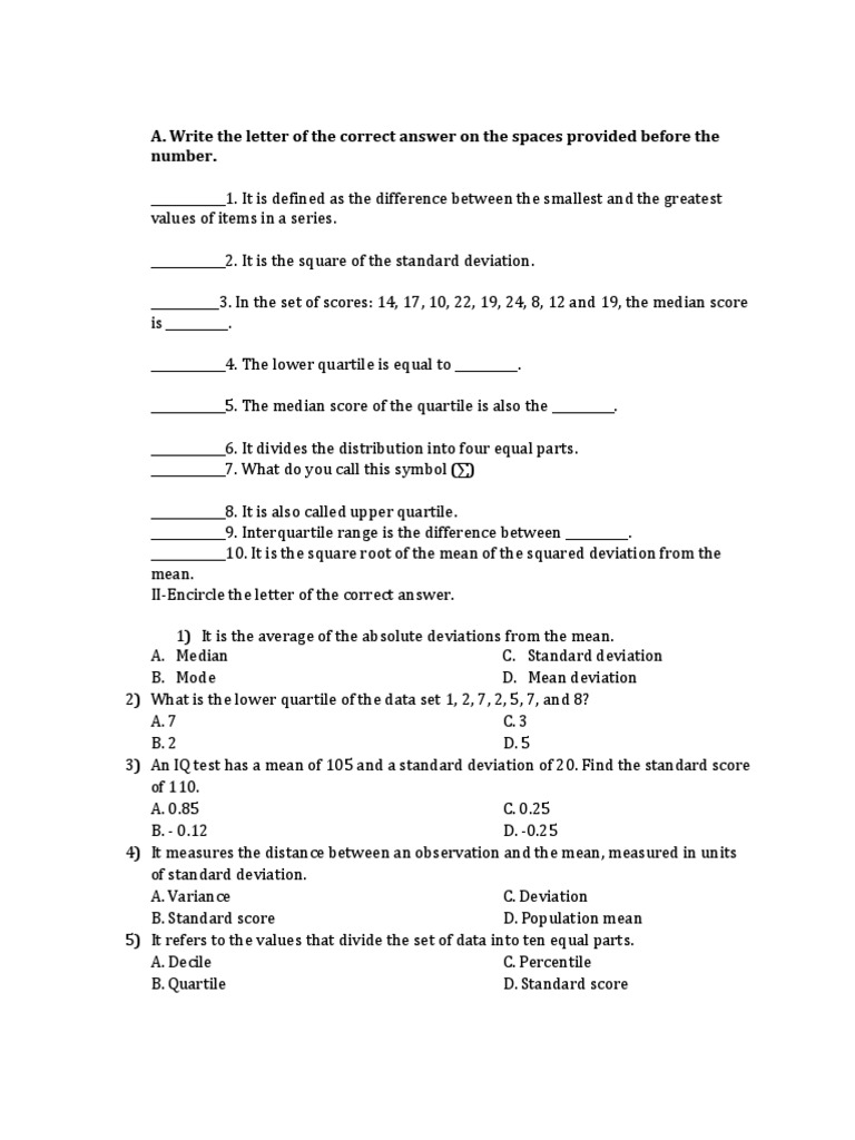 Statistics Quiz: Measures of Central Tendency | PDF | Median | Standard ...