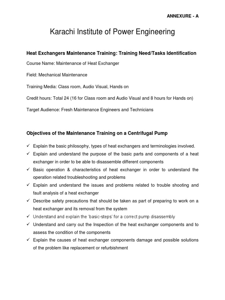 Training Needs and Maintenance Procedures for Heat Exchangers PDF
