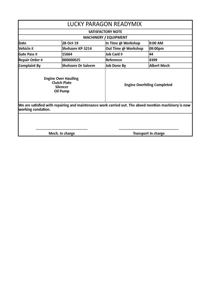 Lucky Paragon Vehicle Satisfaction Notes | PDF | Engines | Motor Vehicle