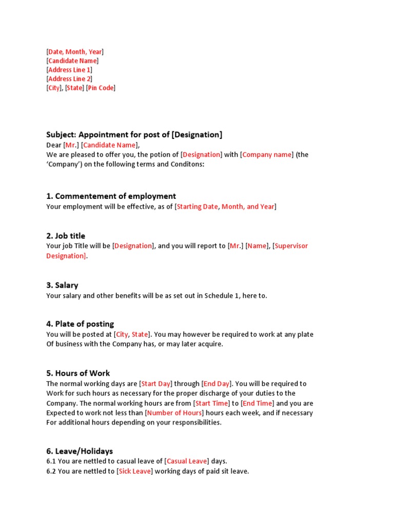 Appointment Letter Template for Employees | PDF | Employment | Salary