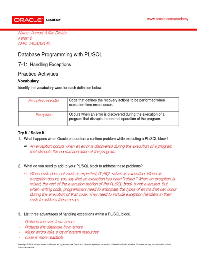 7.1 Handling Exceptions, PDF, Pl/Sql