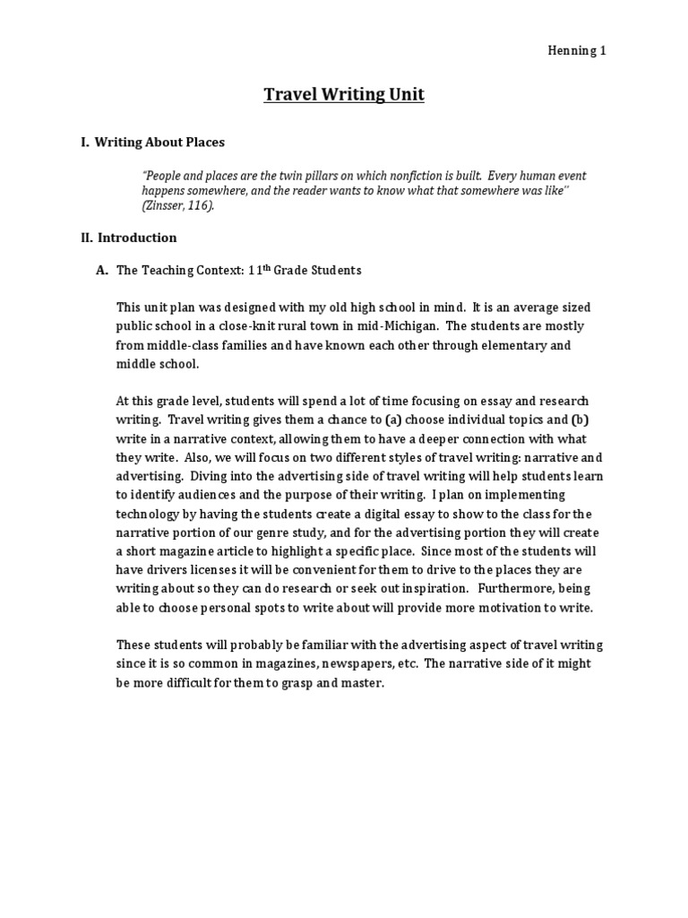 Travel Writing Unit I. Writing About Places PDF Essays Narrative