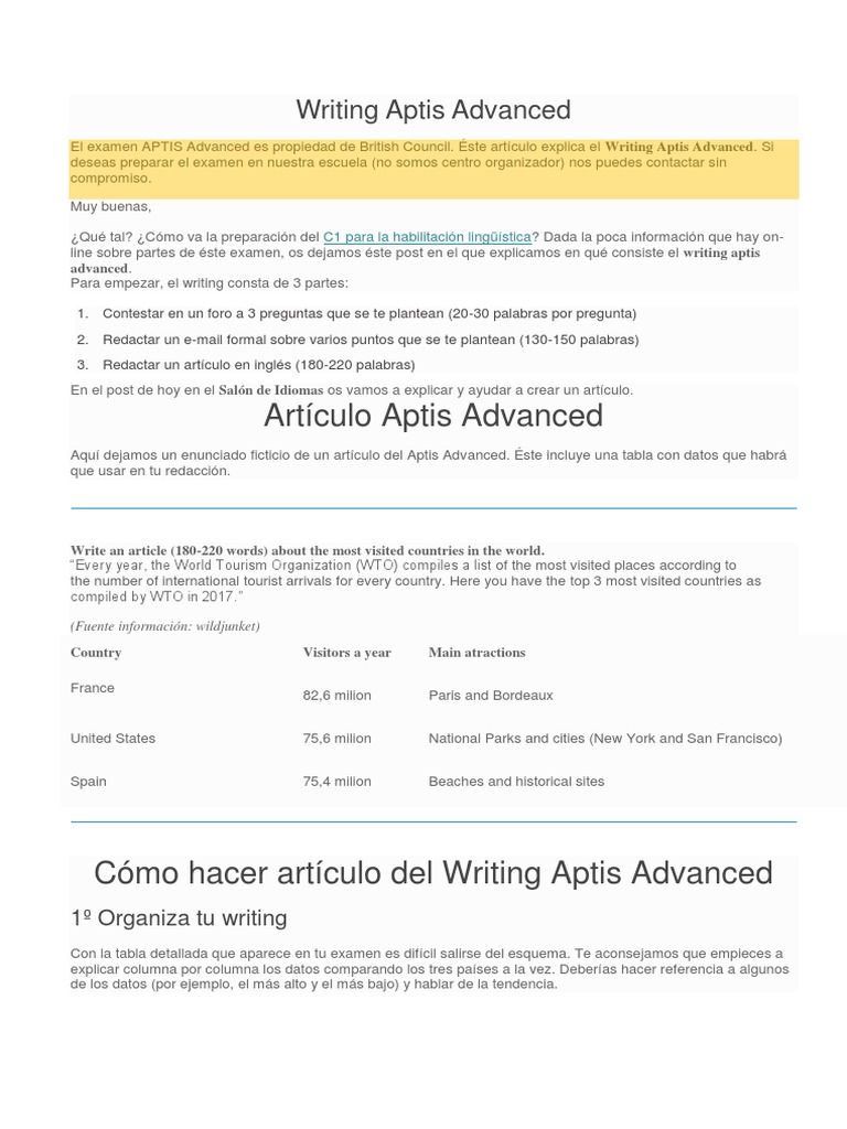 Ejemplos de Writing Aptis Advanced | PDF | Lingüística | Turismo