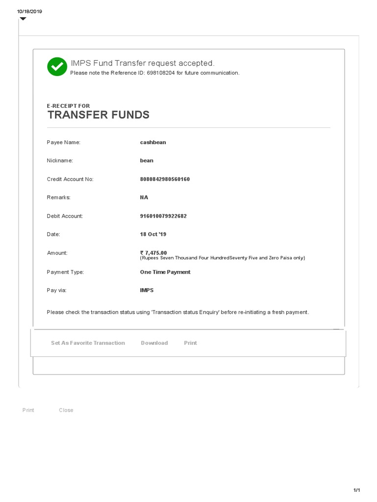 Transfer Funds IMPS Fund Transfer Request Accepted PDF