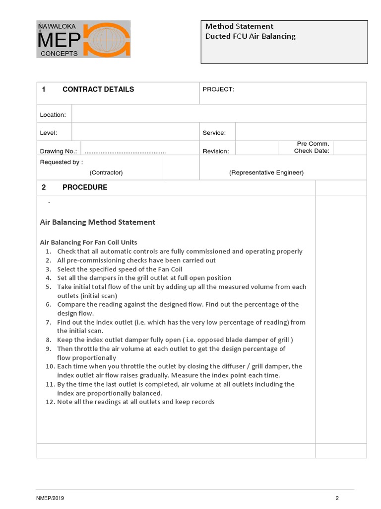FCU Air Balancing Method Statement | PDF | Mechanical Engineering ...