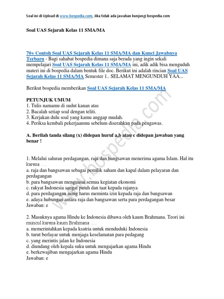 70 Contoh Soal Uas Sejarah Kelas 11 Sma Ma Dan Kunci Jawabnya