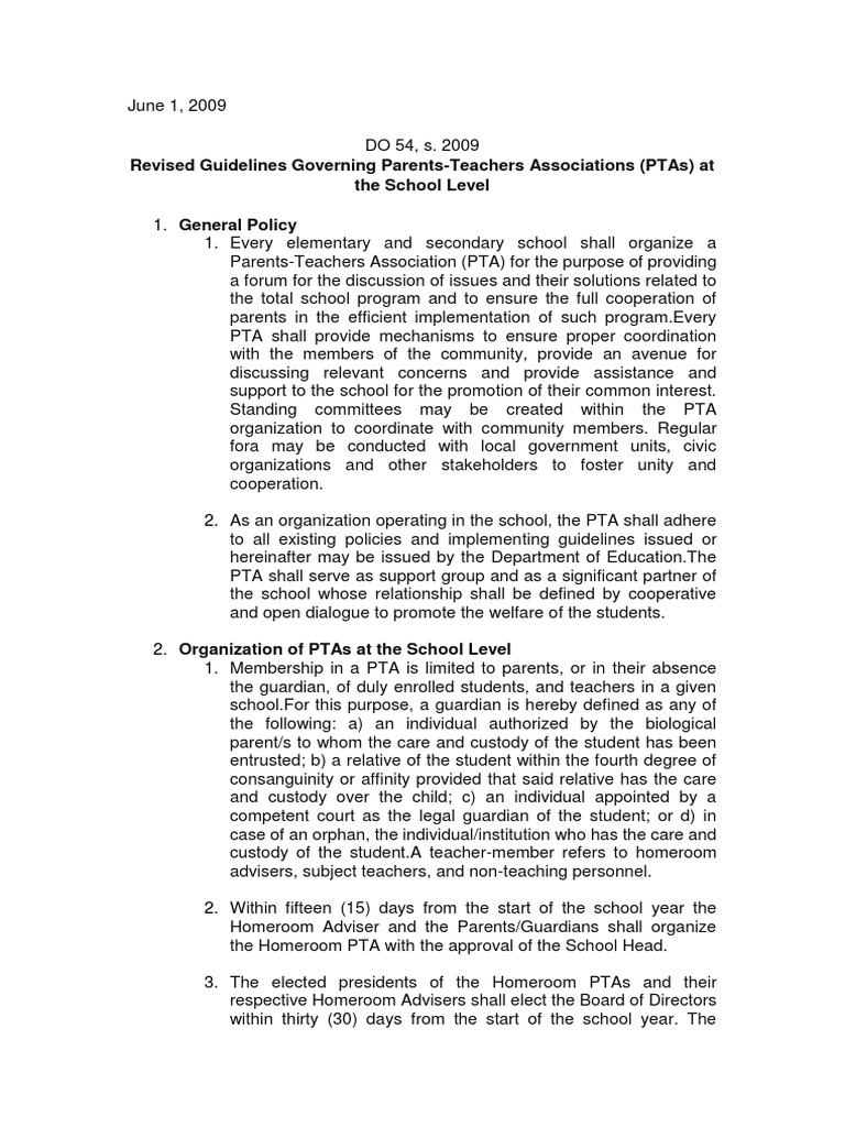 PTA Guidelines for School Operations | PDF | Board Of Directors ...