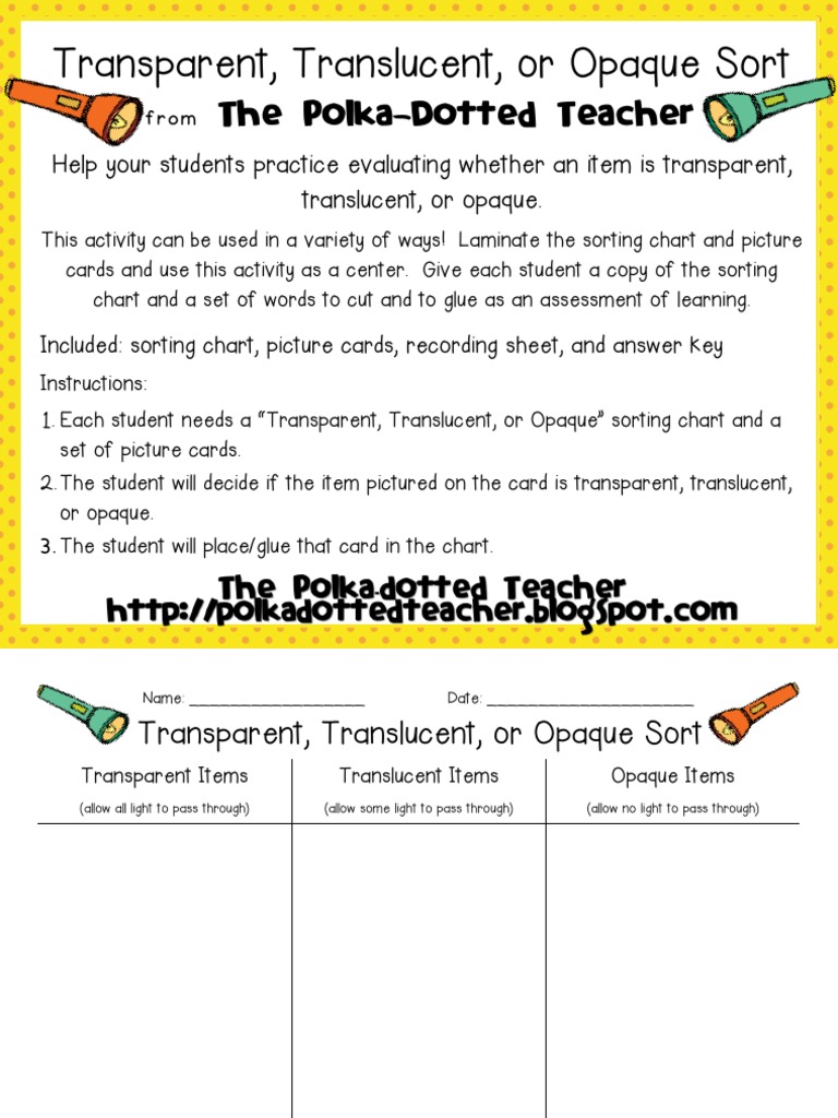 Transparent, Translucent, Opaque Sorting Activity | PDF | Sunglasses ...