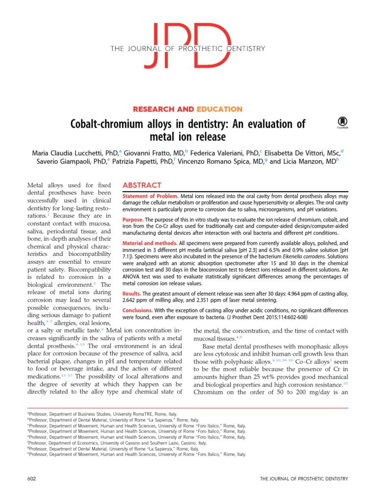 CobaltChromium Alloys in Dentistry An Evaluation of Metal Ion Release