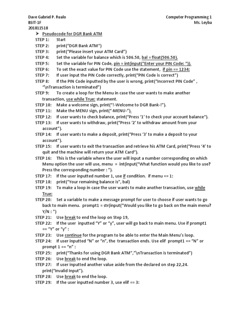 DGR Bank ATM Pseudocode Guide | PDF | Personal Identification Number ...