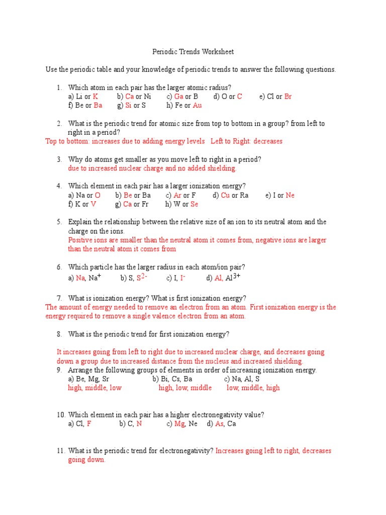 Periodic Trends Worksheet 1 Answers | PDF | Ion | Atoms