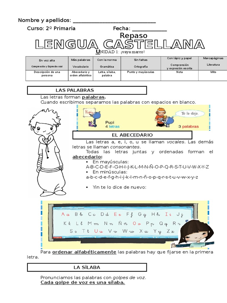 Repaso de Lengua para 2º Primaria | PDF | Alfabeto | Oración (Lingüística)
