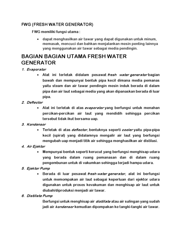 Fungsi dan Komponen Fresh Water Generator | PDF