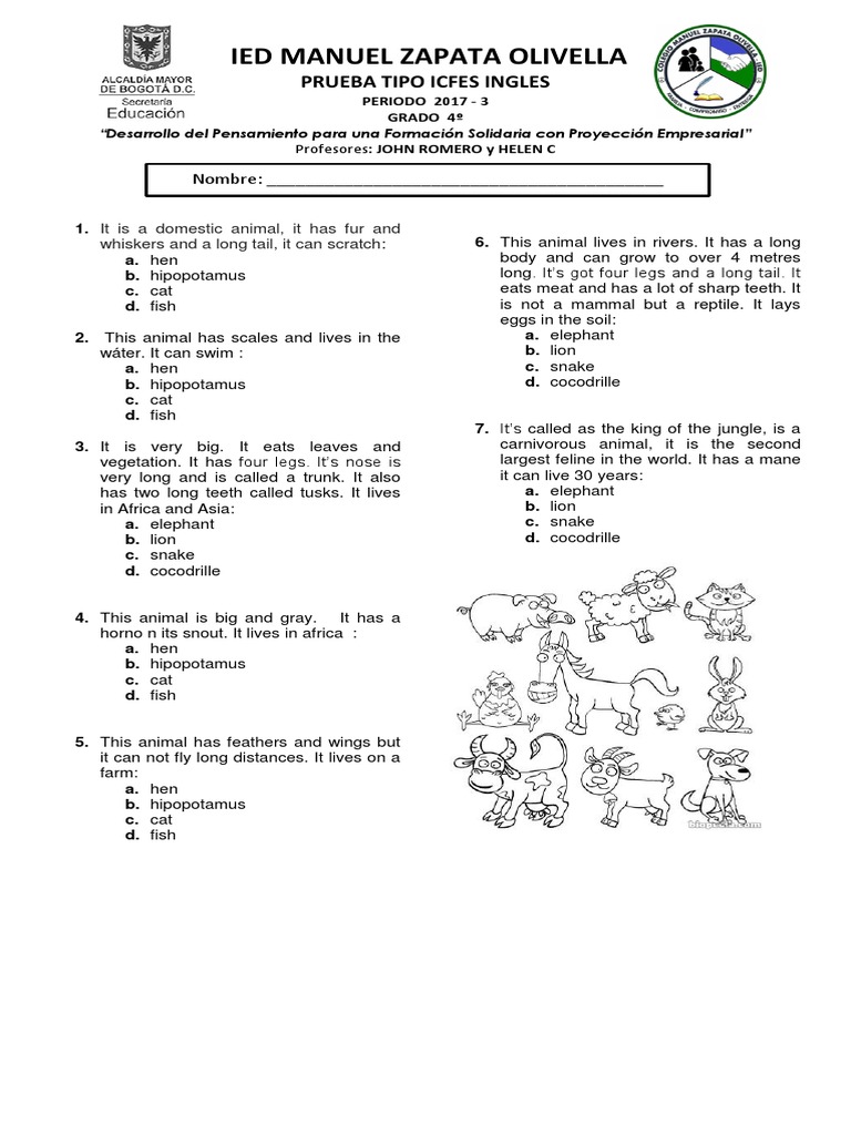 Ied Manuel Zapata Olivella: Prueba Tipo Icfes Ingles | PDF